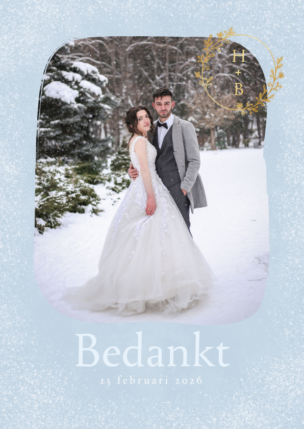 Trouwkaarten - Fotokaart bedankt bruiloft met gouden ornament en initialen