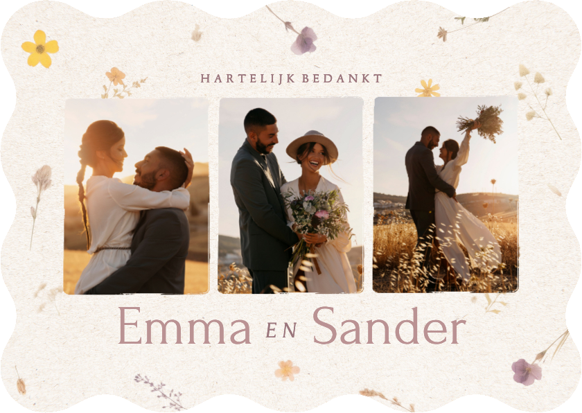 Fotokaart trouwen met geschulpte rand bedankt en bloemetjes - Trouwkaarten Trouwkaarten - Fotokaart trouwen met geschulpte rand bedankt en bloemetjes