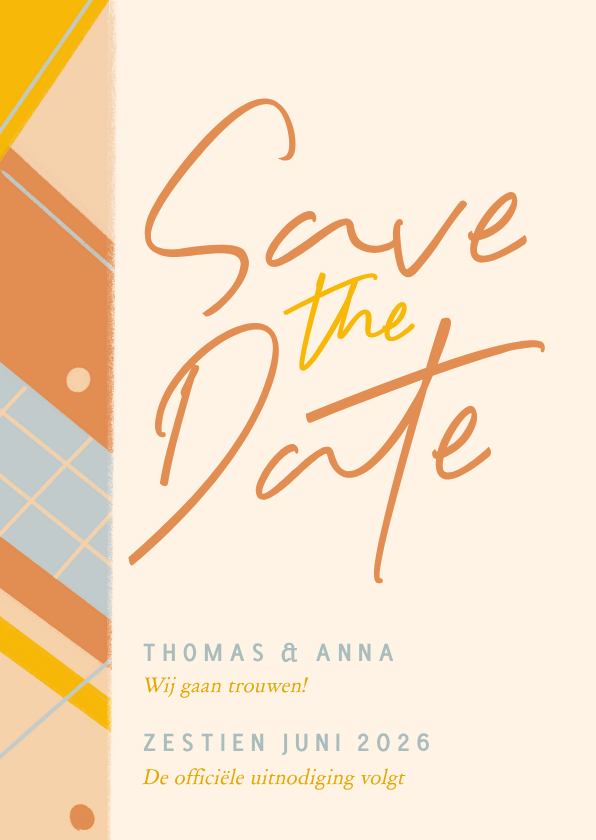 Geometrische vrolijke save the date kaart enkel - Trouwkaarten Trouwkaarten - Geometrische vrolijke save the date kaart enkel