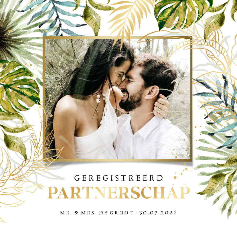 Geregistreerd partnerschap botanisch watercolour goudaccent - Trouwkaarten Trouwkaarten - Geregistreerd partnerschap botanisch watercolour goudaccent