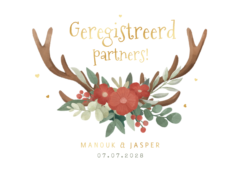 Geregistreerd partnerschap hertengewei bloemen hartjes goud - Trouwkaarten Trouwkaarten - Geregistreerd partnerschap hertengewei bloemen hartjes goud