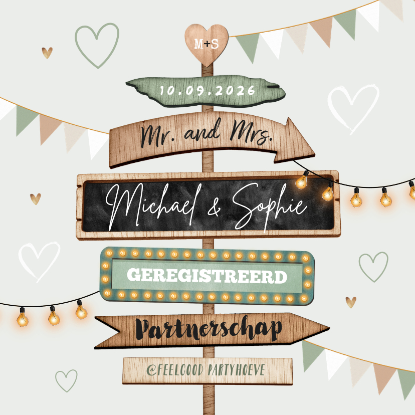 Trouwkaarten - Geregistreerd partnerschap wegwijzers festival style hout