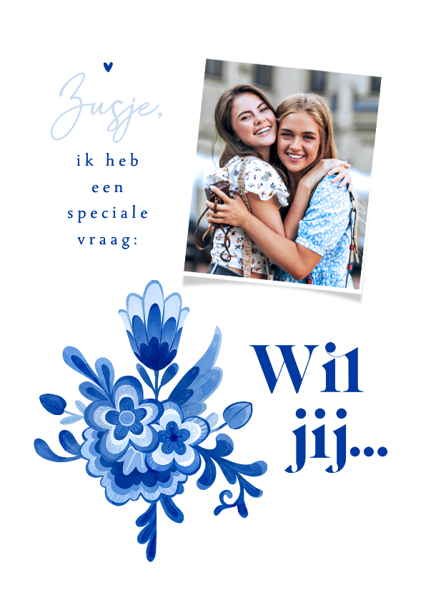 Trouwkaarten - Getuige kaart delfts blauw bloemen stijlvol romantisch foto