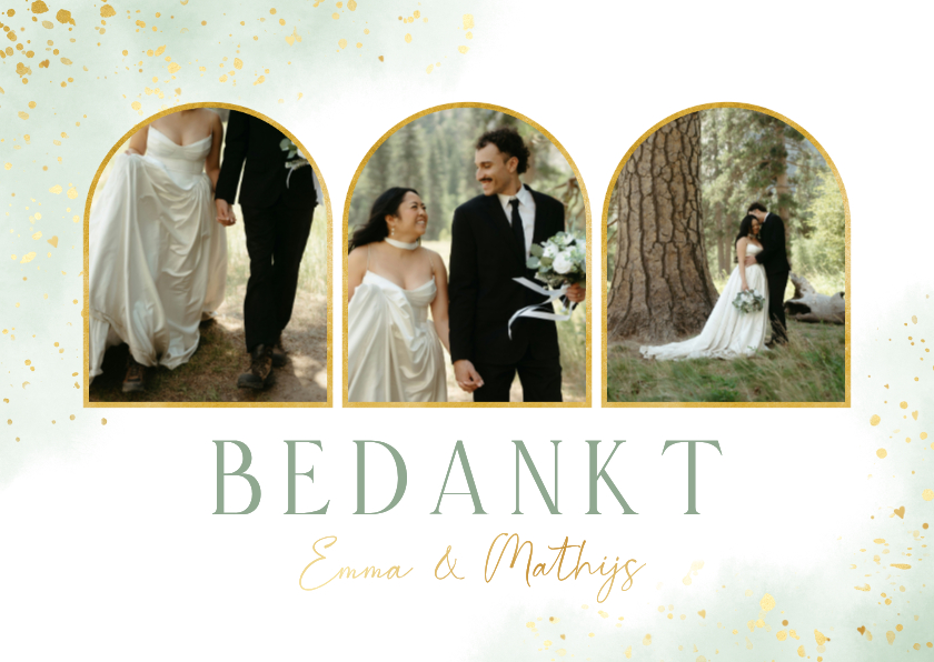 Trouwkaarten - Groene waterverf bedankkaartjes huwelijk met foto's