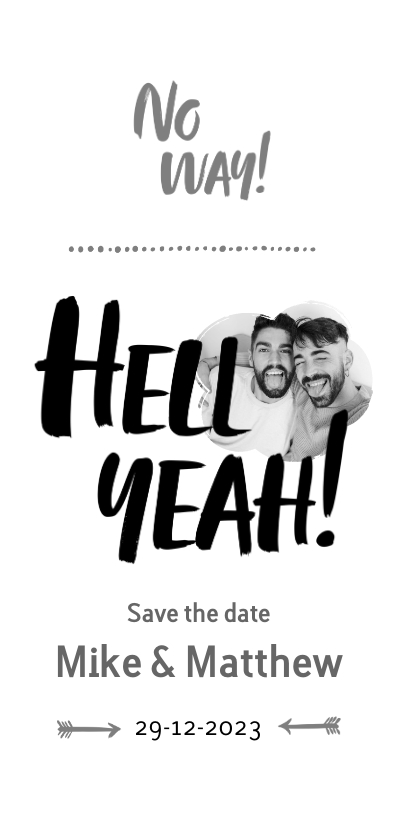Hell Yeah - een stoere save-the-date kaart met foto - Trouwkaarten Trouwkaarten - Hell Yeah - een stoere save-the-date kaart met foto