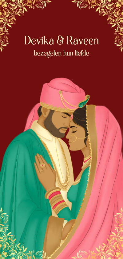 Trouwkaarten - Hindoestaanse trouwkaart met een bruidspaar in roze groen