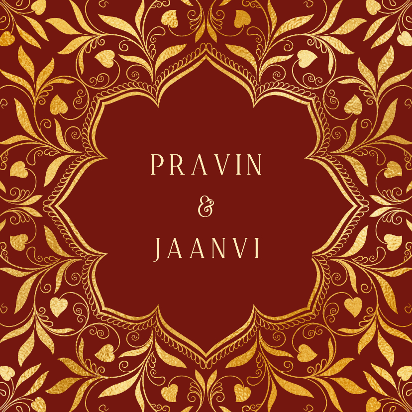 Hindoestaanse trouwkaart met henna patronen en hartjes - Trouwkaarten Trouwkaarten - Hindoestaanse trouwkaart met henna patronen en hartjes