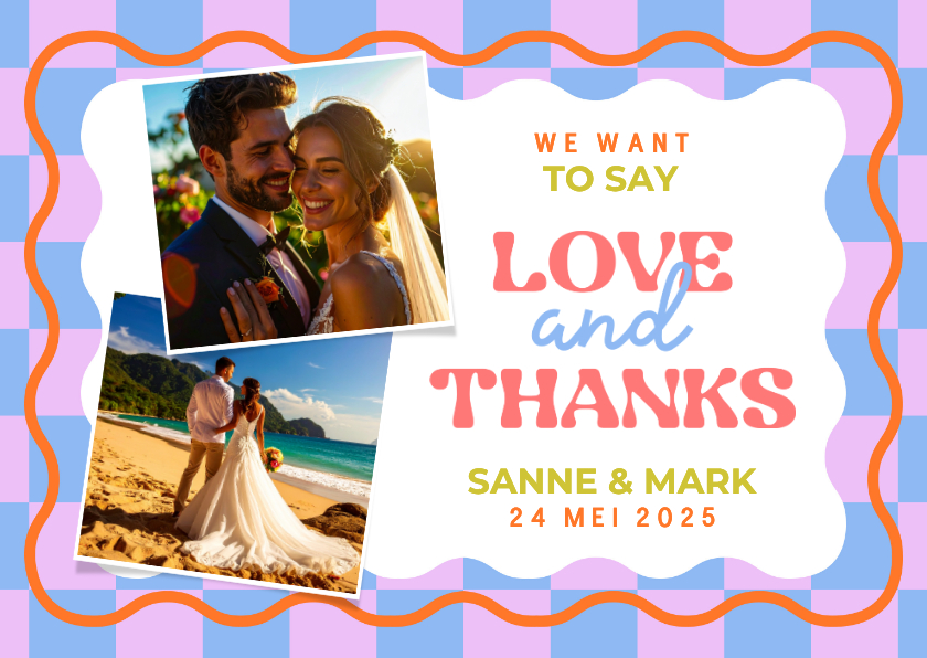 Hippe bedankkaart love&thanks trouwdag met wave en blokjes - Trouwkaarten Trouwkaarten - Hippe bedankkaart love&thanks trouwdag met wave en blokjes