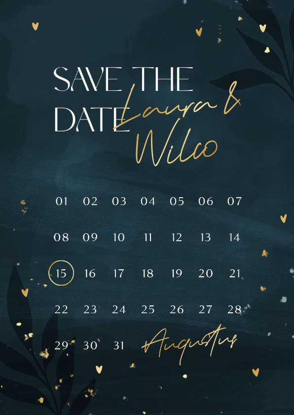 Trouwkaarten - Hippe donkerblauwe save the date kalender met gouden hartjes