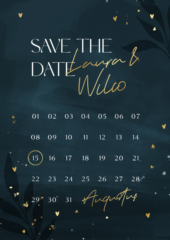 Hippe donkerblauwe save the date kalender met gouden hartjes - Trouwkaarten Trouwkaarten - Hippe donkerblauwe save the date kalender met gouden hartjes