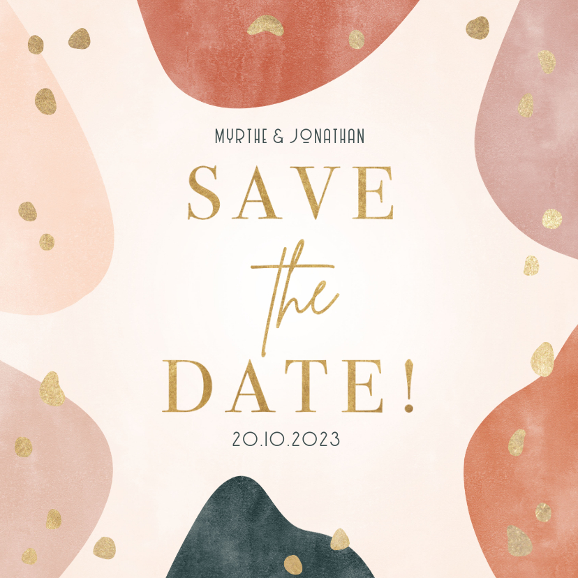 Hippe save the date kaart geometrische vorm, gouden spetters - Trouwkaarten Trouwkaarten - Hippe save the date kaart geometrische vorm, gouden spetters