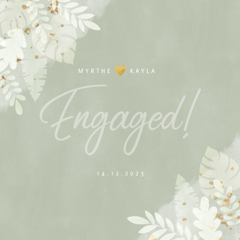 Hippe verlovingskaart junglebladeren, waterverf 'Engaged!' Hippe verlovingskaart junglebladeren, waterverf 'Engaged!'