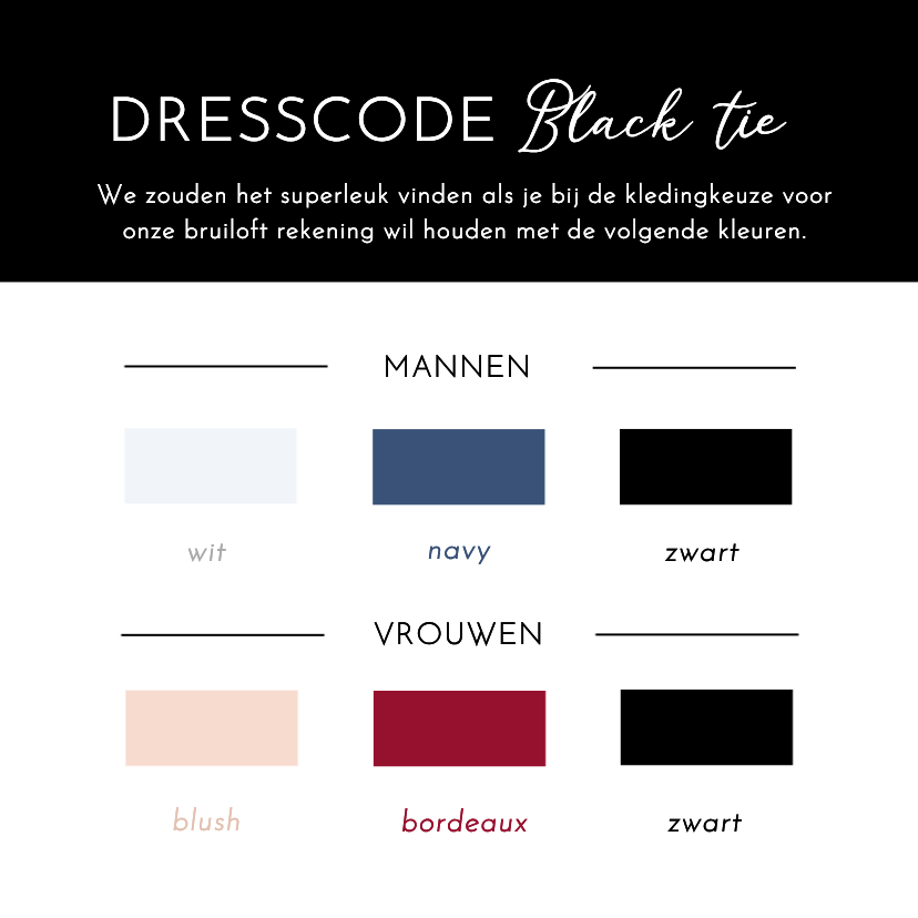 Trouwkaarten - Inlegvel huwelijk met kleuren van de dresscode black tie