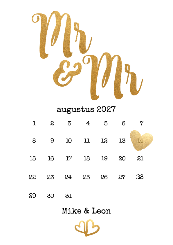 Kalender Mr & Mr goud - BK - Trouwkaarten Trouwkaarten - Kalender Mr & Mr goud - BK