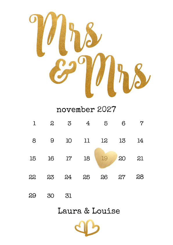 Trouwkaarten - Kalender Mrs & Mrs goud - BK