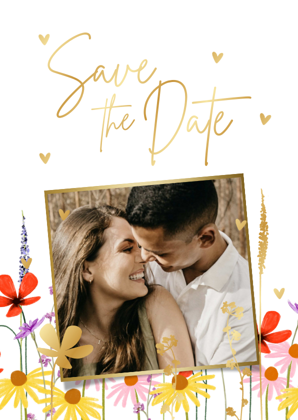 Kleurrijke save the date met zomerbloemen en goud Kleurrijke save the date met zomerbloemen en goud