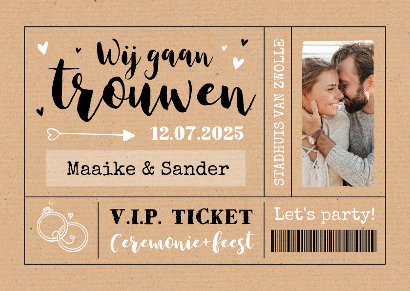 Trouwkaarten - Kraftlook ticket trouwkaart uitnodiging foto hartjes