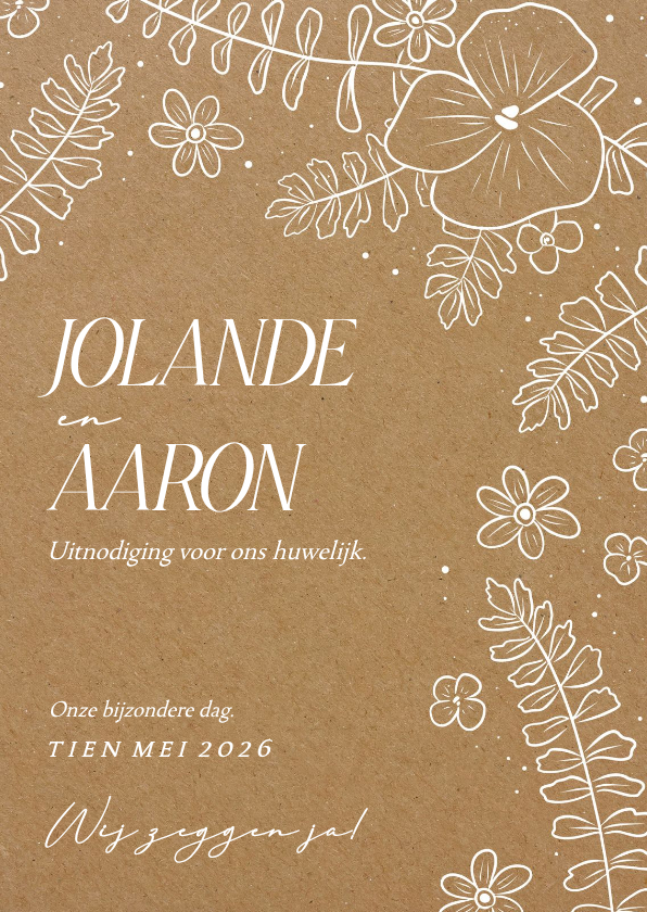 Kraftlook trouwkaart met witte lijnillustraties van bloemen - Trouwkaarten Trouwkaarten - Kraftlook trouwkaart met witte lijnillustraties van bloemen