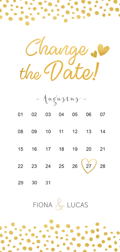 Langwerpige Change the Date kaart met kalender en datum - Trouwkaarten Trouwkaarten - Langwerpige Change the Date kaart met kalender en datum