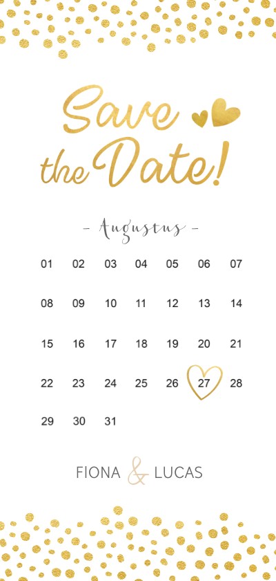 Trouwkaarten - Langwerpige Save the Date kaart kalender met gouden hartjes