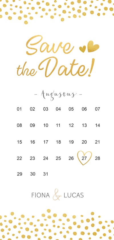 Langwerpige Save the Date kaart kalender met gouden hartjes - Trouwkaarten Trouwkaarten - Langwerpige Save the Date kaart kalender met gouden hartjes