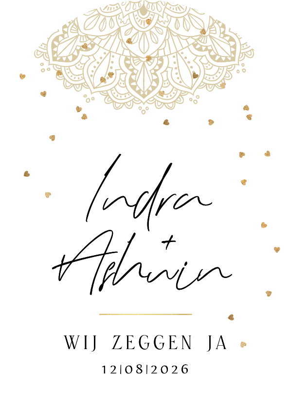 Mandala trouwkaart hartjesconfetti goud - Trouwkaarten Trouwkaarten - Mandala trouwkaart hartjesconfetti goud