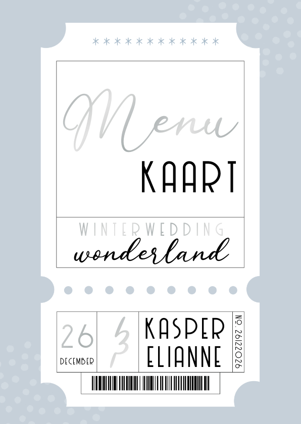 Menu trouwkaart blauw winter wedding ticket Menu trouwkaart blauw winter wedding ticket