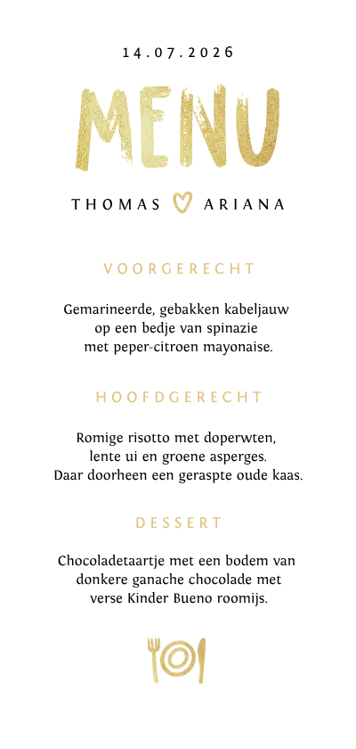 Menukaart bruiloft goud bestek hartjes fotocollage - Trouwkaarten Trouwkaarten - Menukaart bruiloft goud bestek hartjes fotocollage