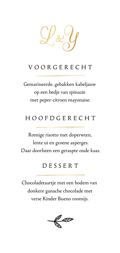 Menukaart bruiloft klassiek bloemen goud hartjes Menukaart bruiloft klassiek bloemen goud hartjes