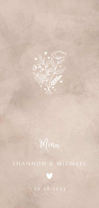Menukaart bruiloft neutrale waterverf hartje & bosje bloemen - Trouwkaarten Trouwkaarten - Menukaart bruiloft neutrale waterverf hartje & bosje bloemen