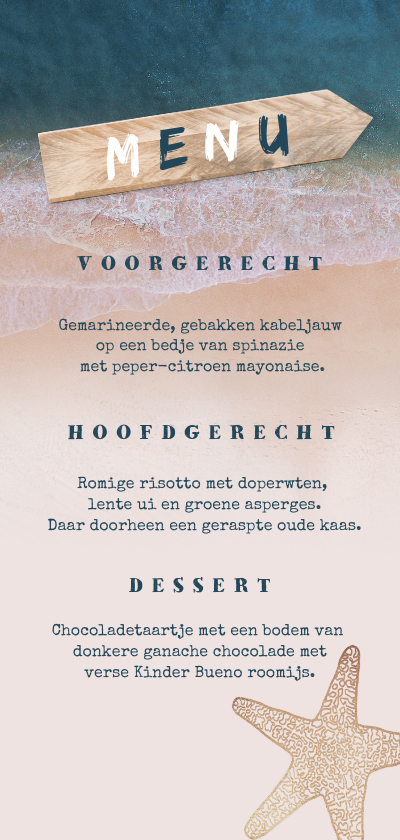 Menukaart bruiloft strand zee wegwijzer zeester goud - Trouwkaarten Trouwkaarten - Menukaart bruiloft strand zee wegwijzer zeester goud