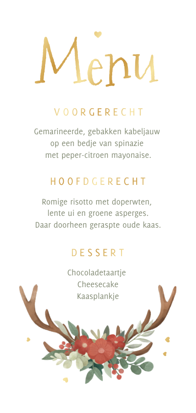 Trouwkaarten - Menukaart hertengewei bloemen hartjes goud hout illustratie