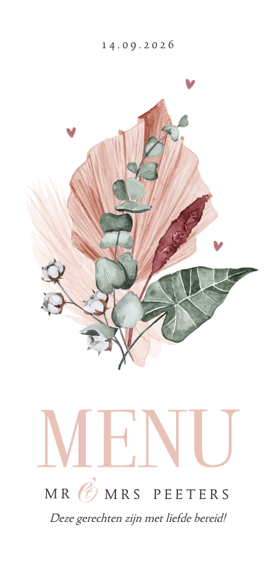 Menukaart klassiek bloemen roze gedroogd waterverf hartjes - Trouwkaarten Trouwkaarten - Menukaart klassiek bloemen roze gedroogd waterverf hartjes