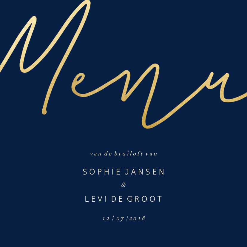 Menukaart met een gouden 'MENU' vierkant - Trouwkaarten Trouwkaarten - Menukaart met een gouden 'MENU' vierkant