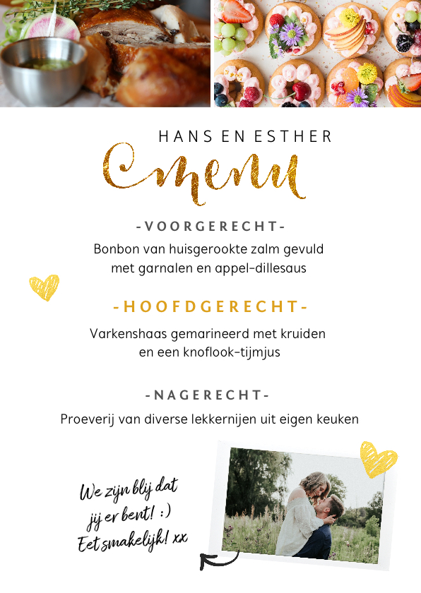 Trouwkaarten - Menukaart met foto en gouden letters staand