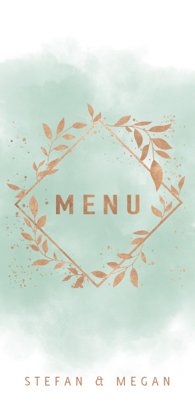 Menukaart met mint waterverf, koperkleur takjes en spetters Menukaart met mint waterverf, koperkleur takjes en spetters