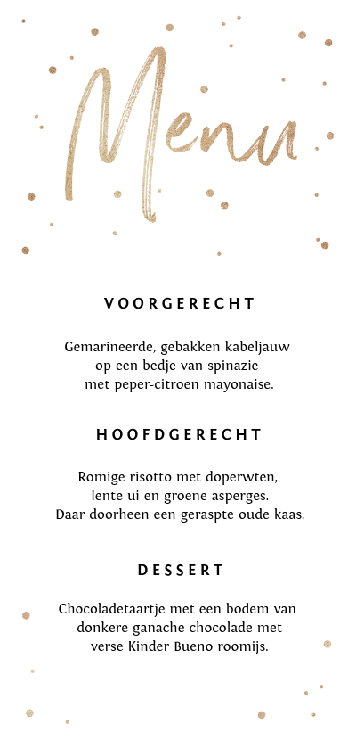 Menukaart stijlvol goud confetti en typografie - Trouwkaarten Trouwkaarten - Menukaart stijlvol goud confetti en typografie