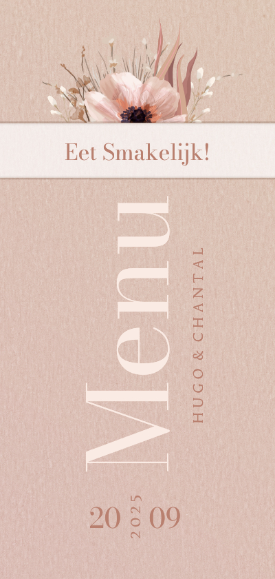 Trouwkaarten - Menukaart stijlvol typografisch botanisch met wikkel effect