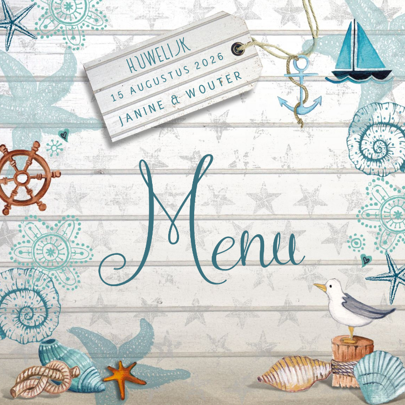 Menukaart Strand en schelpen met hout en sterren achtergrond - Trouwkaarten Trouwkaarten - Menukaart Strand en schelpen met hout en sterren achtergrond