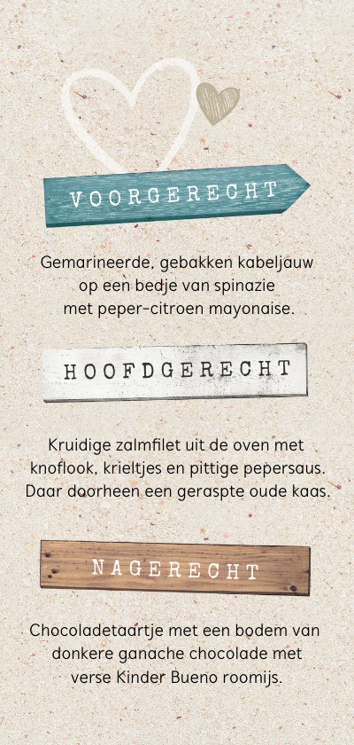 Menukaart strand met houten planken en hartjes Menukaart strand met houten planken en hartjes