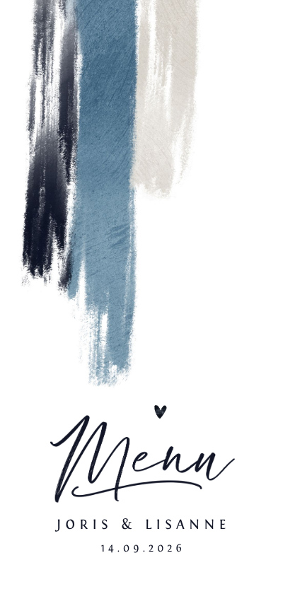 Trouwkaarten - Menukaart trouwen blauw verf hartjes stijlvol