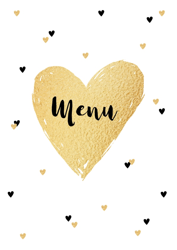 Menukaart trouwen goud en zwarte hartjes - Trouwkaarten Trouwkaarten - Menukaart trouwen goud en zwarte hartjes