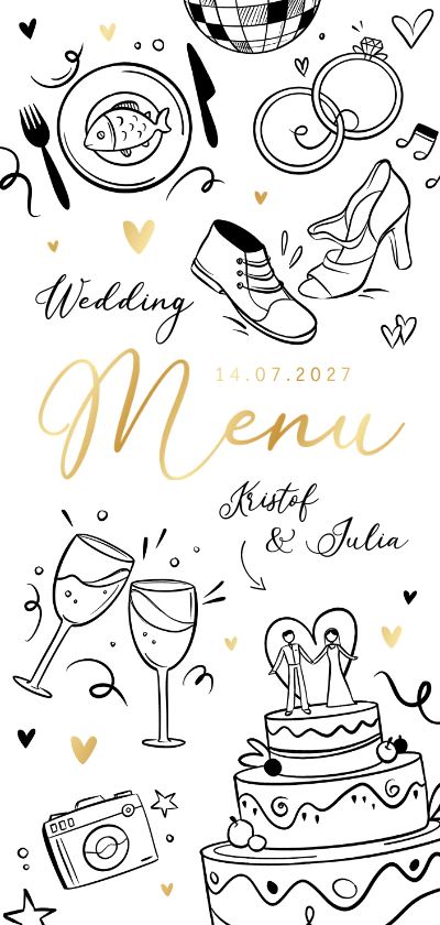 Menukaart trouwen illustratie doodle goud hartjes Menukaart trouwen illustratie doodle goud hartjes