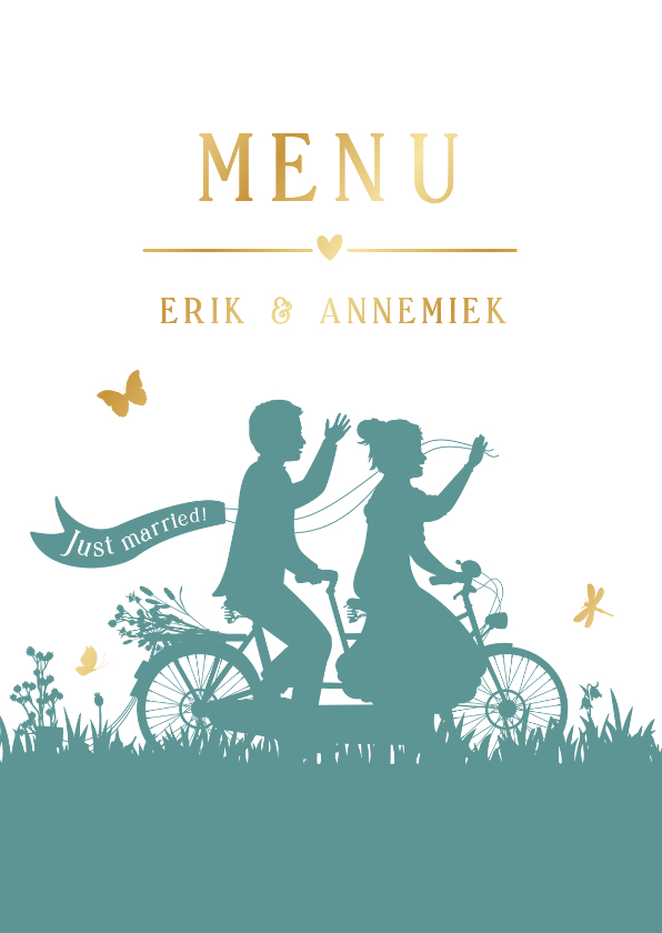 Menukaart trouwen met silhouet van koppel op tandem - Trouwkaarten Trouwkaarten - Menukaart trouwen met silhouet van koppel op tandem
