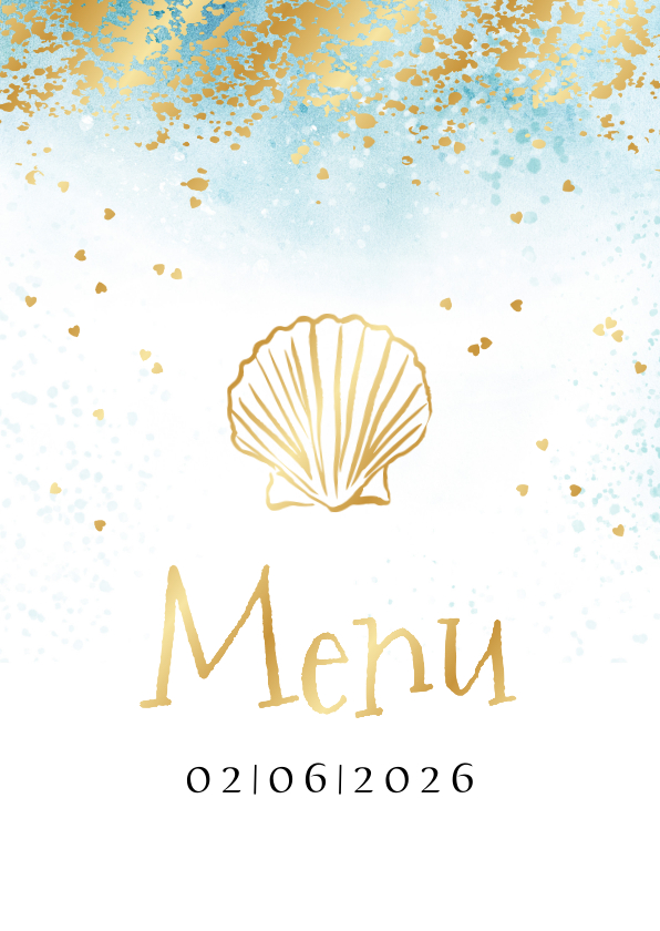 Menukaart watercolour strand goud hartjes schelp Menukaart watercolour strand goud hartjes schelp