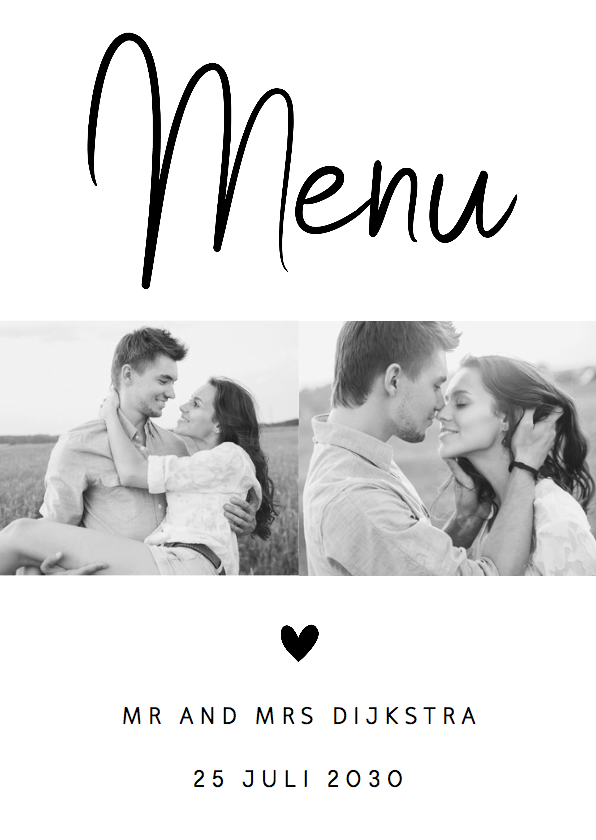 Menukaart zwart-wit foto hartje - Trouwkaarten Trouwkaarten - Menukaart zwart-wit foto hartje