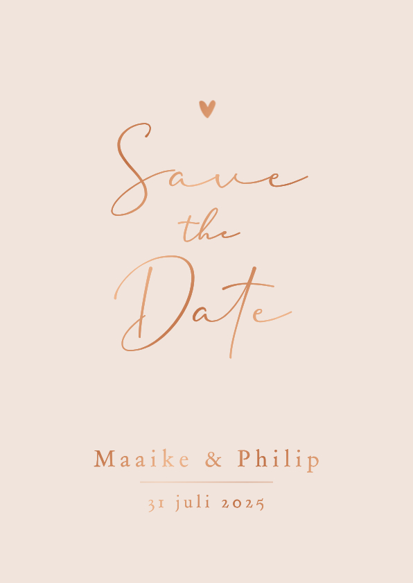Trouwkaarten - Minimalistisch save the date trouwkaart hartje koper