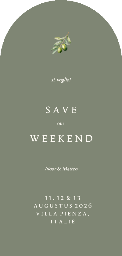 Minimalistische save the date boogvorm groen met olijftakje - Trouwkaarten Trouwkaarten - Minimalistische save the date boogvorm groen met olijftakje