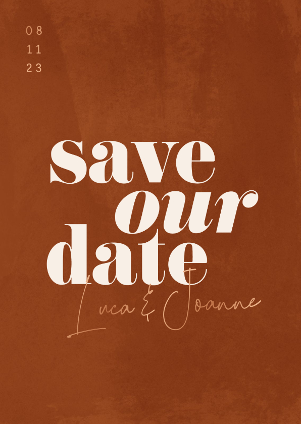 Trouwkaarten - Minimalistische save the date roestbruin met waterverf