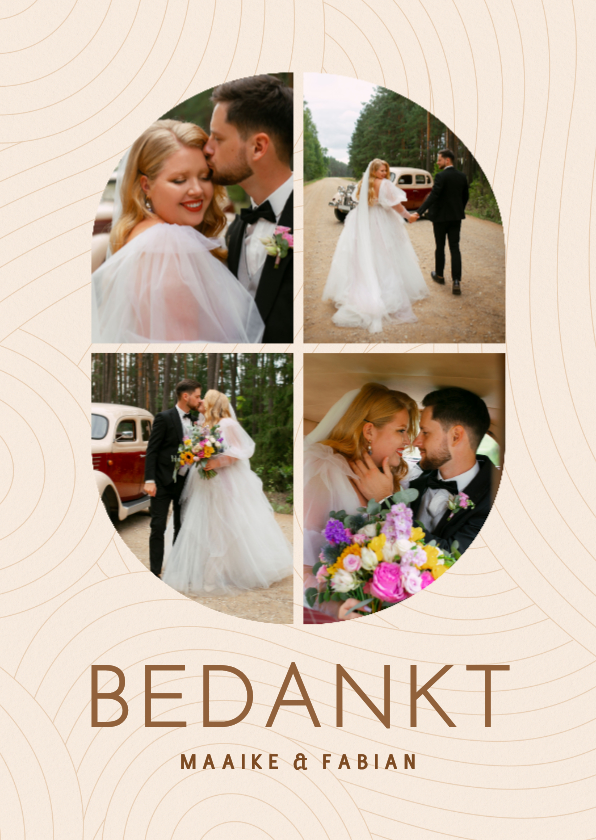 Trouwkaarten - Moderne fotocollage trouwkaart bedankt beige met lijnen